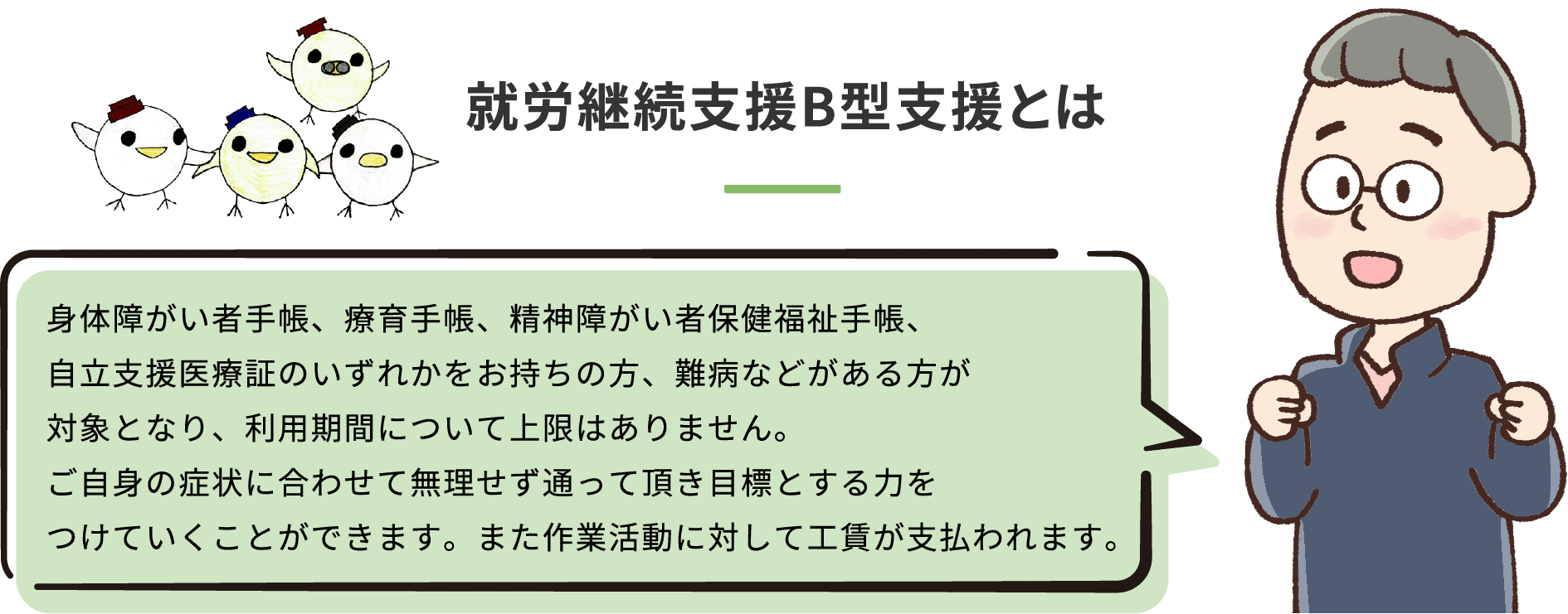 就労継続⽀援B型⽀援とは、⾝体障がい者⼿帳、療育⼿帳、精神障がい者保健福祉⼿帳、⾃⽴⽀援医療証のいずれかをお持ちの⽅、難病などがある⽅が対象となり、利⽤期間について上限はありません。ご自身の症状に合わせて無理せず通って頂き目標とする力をつけていくことができます。また作業活動に対して工賃が支払われます。